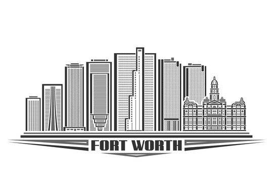 Vector illustration of Fort Worth, monochrome horizontal sign with linear design famous american city scape, dark urban line art concept with unique lettering for text fort worth on white background