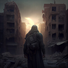 After the bomb - A nomad man explores a ruined city after the apocalypse