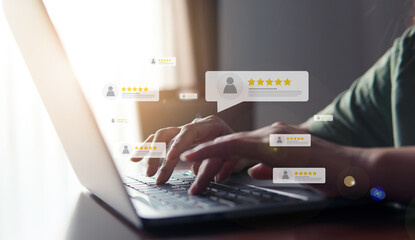 Customer review good rating concept, hand pressing user and five star icon on visual screen for positive customer feedback, testimonial and testimony, user comment and feedback for review. - obrazy, fototapety, plakaty