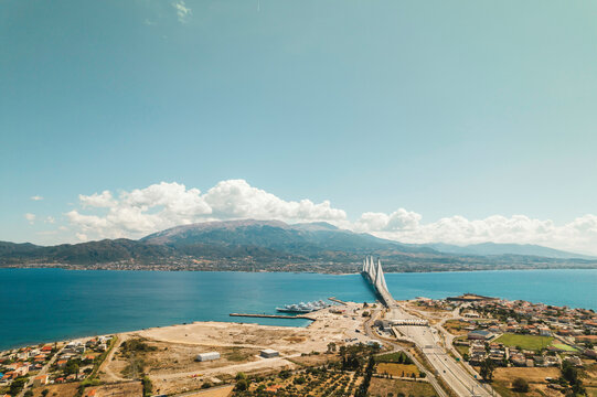 Rio Antirrio Bridge across the Gulf of Corinth, connecting the Patras on the Peloponnese peninsula with the town of Antirrio on mainland. Walk or drive the Rio Antirrio Bridge for unique experience