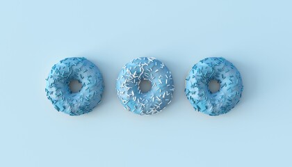 Group of 3 Donuts in row Pastel  Blue Baked Pastry. Sweet Sugar space Icing Glaze Sprinkles 3d...