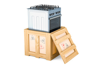 Gas range inside wooden box, delivery concept. 3D rendering