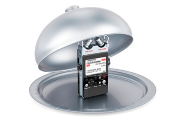 Restaurant cloche with digital voice recorder, dictaphone. 3D rendering