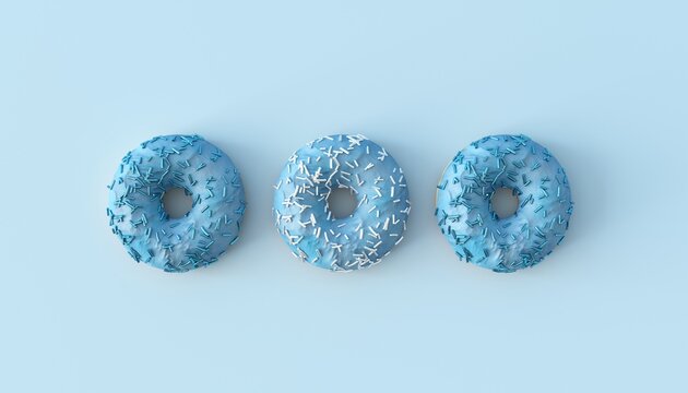 Group of 3 Donuts in row Pastel  Blue Baked Pastry. Sweet Sugar space Icing Glaze Sprinkles 3d illustration render.  Three space donuts with icing on pastel background. Copyspace, flat lay, top view