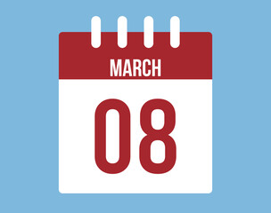 8 March day calendar vector. Red calendar page icon on blue background for March days