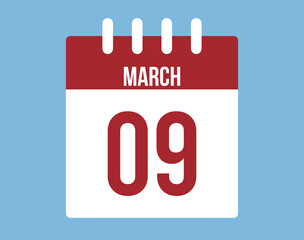 9 March day calendar vector. Red calendar page icon on blue background for March days