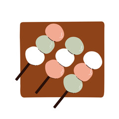 Sanshoku Dango three colored dumplings. Dango is a traditional Japanese sweet snack. hand drawn vector illustration in flat style