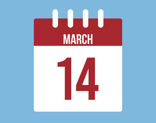 14 March day calendar vector. Red calendar page icon on blue background for March days