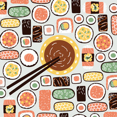 sushi and soy sauce. traditional food. hand drawn vector illustration in flat style