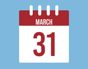 31 March day calendar vector. Red calendar page icon on blue background for March days