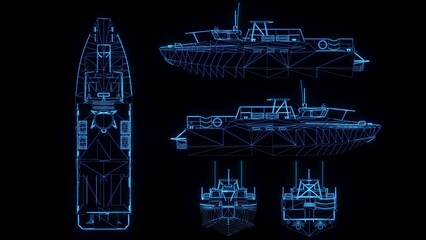 3D rendering illustration ship blueprint glowing neon hologram futuristic show technology security for premium product business finance transportation 