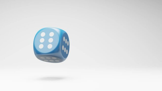 Blue Dice with All Six Numbered Faces Spinning on a Studio Light Gray Background, Seamless Loop 3D Animation with Copy Space