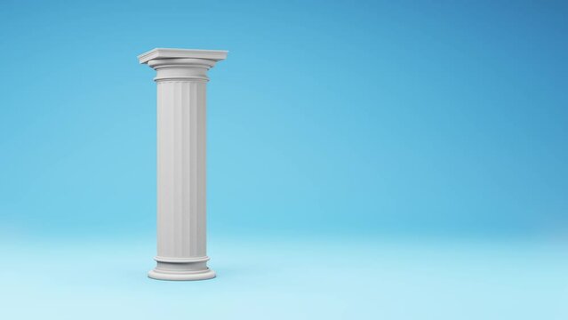 One Single Greek Column Spinning on a Studio Blue Background, Seamless Loop 3D Animation with Copy Space