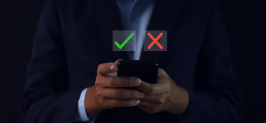 yes or no symbol and checkmark  Alternative concepts, decision making, and true and false test...