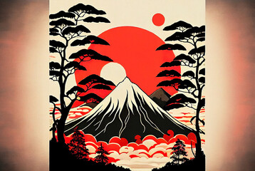 Mountains clouds and trees with red sun. Japanese Ukiyo-e, landscape, art prints. Oriental artistic painting. Japanese landscape