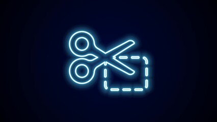 Glowing neon line Scissors cuts discount coupon icon isolated on black background. The concept of selling in an online supermarket at low prices or half the cost. 4K Video motion graphic animation