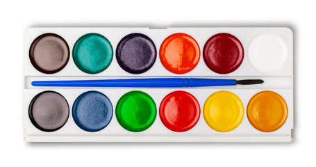 Collection of school supplies, different colored paints