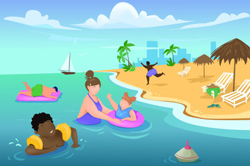 Obraz na płótnie Canvas Family swimming in sea concept in flat cartoon design. Mom teaches daughter to swim, boy plays in water and relaxes at seaside resort. Go on vacation. Illustration with people scene background
