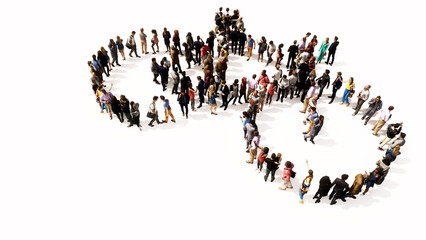 Concept or conceptual large community of people forming an image of a bicycle on white background. A 3d illustration metaphor for recreation,  health, sport, ecological transportation or work