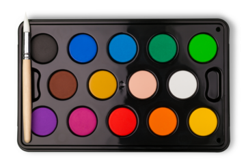 Collection of school supplies, different colored paints