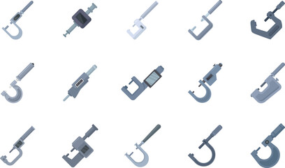 Micrometer icons set flat vector. Engineering gauge. Industrial micrometer isolated