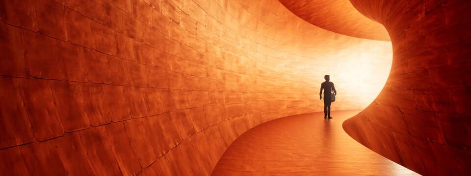 Concept or conceptual dark tunnel with a bright light at the end or exit. 3d illustration as metaphor to success, faith, future or hope, a black silhouette of walking man to new opportunity or freedom
