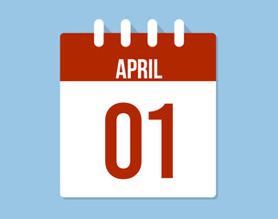 1 April day calendar vector. Red calendar page icon on blue background for April days