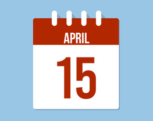 15 April day calendar vector. Red calendar page icon on blue background for April days