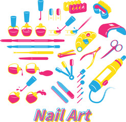Primary colors pop art style nail art and tools set.
Nail polish and nail file, scissors, pliers, die grinder, color palette,finger. Vector illustration.