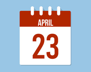 23 April day calendar vector. Red calendar page icon on blue background for April days