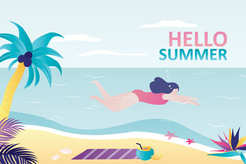Hello summer, horizontal banner. Happy woman swims in sea. View of the tropical beach. Summertime, hot exotic resort with palm trees, sand and ocean. Seashore landscape.