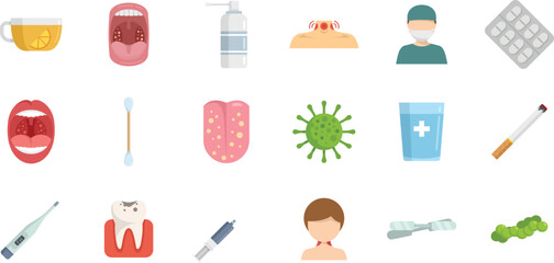 Tonsillitis icons set flat vector. Tonsil anatomy. Mouth throat isolated