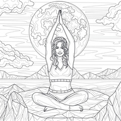 Woman Doing Yoga in nature. Full moon.Coloring book antistress for children and adults. Illustration isolated on white background.Zen-tangle style. Hand draw