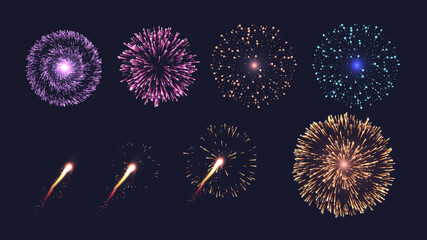 Realistic fireworks collection on dark background with trails and sparkles