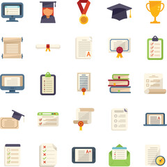 Final exam icons set flat vector. Student college. Final pass isolated