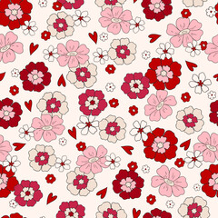 Groovy Retro Valentine's Day love and hearts vector seamless pattern, digital paper repeating background. Pink, magenta hearts Valentines day love paper