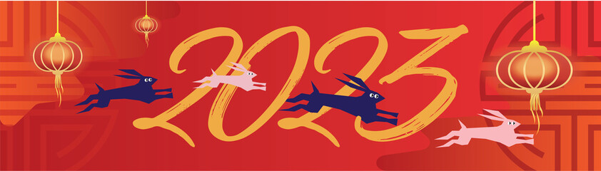 Chinese new year 2023 banner, rabbits jumping around number 2023, chinese red decoration background