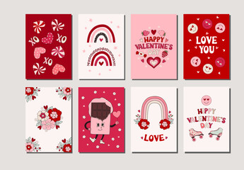 Set of hand drawn vector illustration Valentine's Day posters and cards, banners. Valentine's day greeting cards design in modern retro vintage groovy 60s 70s style.