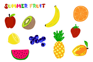 Summer fruit vector illustration set, kiwi, banana, strawberry, lemon, orange, blueberries, pineapple, mango, watermelon 