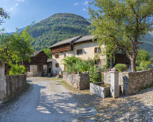 Fototapeta na wymiar The rural architecture of Bondo village in the Bregaglia range - Switzerland.
