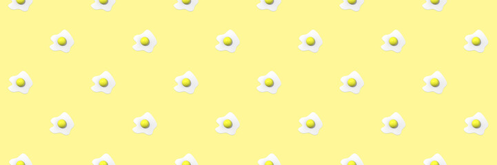 Seamless pattern. Image of chicken egg on pastel yellow backgrounds. Egg with round yolk. Surface overlay pattern. Banner for insertion into site. 3D image. 3D rendering.