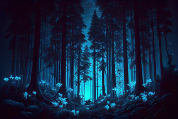 A mystical forest with blue lights at night, generative ai