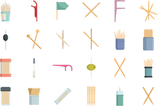 Toothpick icons set flat vector. Clean accessory. Dental toothpick isolated