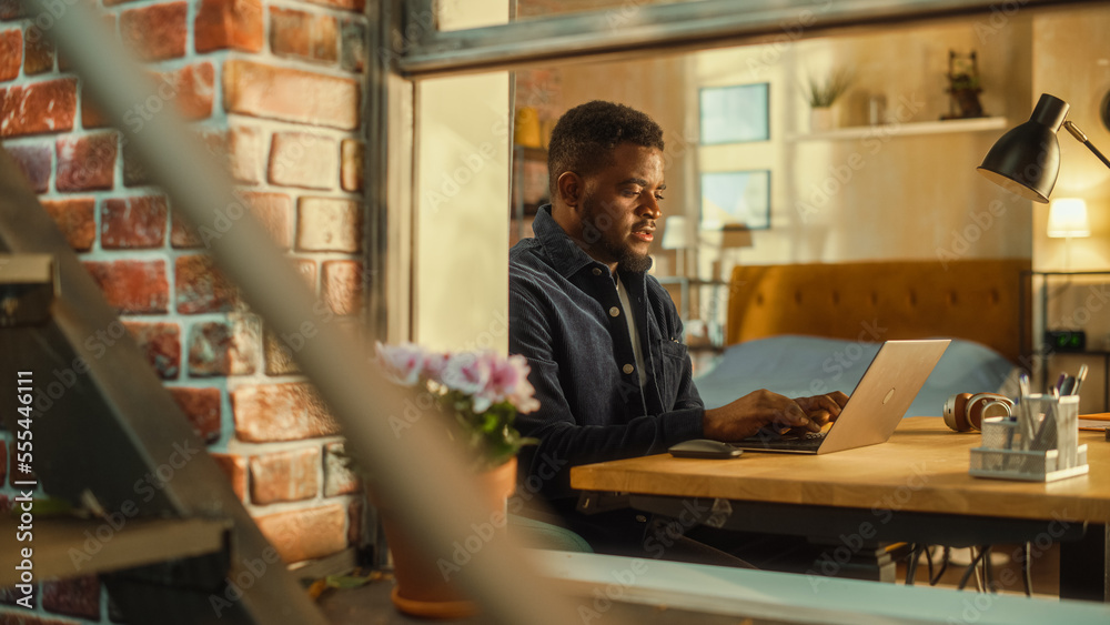 Leinwandbilder young black man using laptop at home. doing inspirational remote work during the day. specialist wor