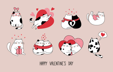 Set of cute cats in love. Vector design concept for Valentine's day.