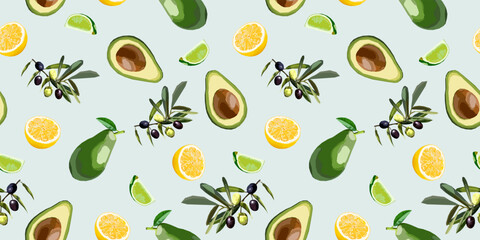 Avocado, olive, lemon and lime vector seamless pattern