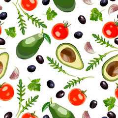 Avocado, olives, tomatoes and herbs vector seamless pattern