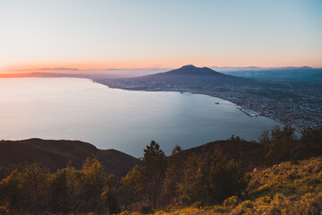 Panorama of the Gulf of Naples at sunset. View of Mount Vesuvius and the Bay of Naples from Mount Faito