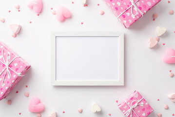 Valentine's Day concept. Top view photo of photo frame pink gift boxes heart shaped marshmallow candles and sprinkles on isolated white background with copyspace