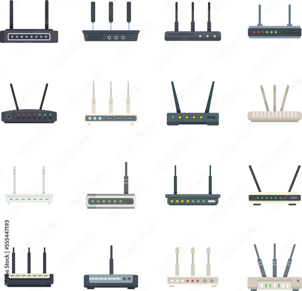 Poster modem icons set flat vector. internet router. lan port access isolated